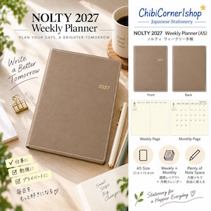 Op de afbeelding: Een taupekleurige NOLTY 2027 weekplanner met witte stiksels en het jaar 2027 in goud gedrukt op de kaft. De planner in A5-formaat meet 21,6 cm bij 15,4 cm en bevat wekelijkse en maandelijkse kalenderpagina's met ruimte voor notities.