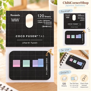 May include: Kanmido Coco Fusen Tas charm fusen sticky tabs on a black grid card with 120 sheets total. Includes 30 sheets per color in two sizes: 10 x 24 mm and 7 x 24 mm. The tabs are pink, mint green, light purple, and blue, attached by a gold chain.
