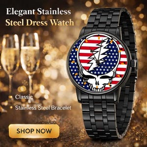 May include: Black stainless steel dress watch with a unique face design featuring a skull and lightning bolt over an American flag pattern. The watch has a matching black stainless steel bracelet. Text on the image reads "Elegant Stainless Steel Dress Watch" and "Shop Now".