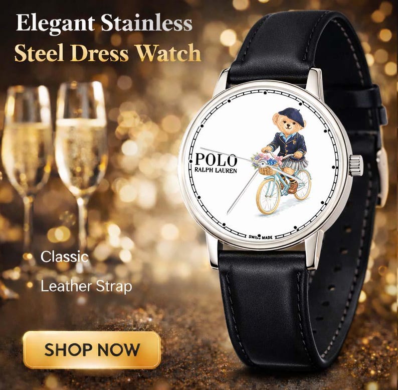 May include: Elegant stainless steel dress watch with a black leather strap. The watch face features a Polo Ralph Lauren design with a bear riding a bicycle. The watch has a silver case and is labeled "Swiss Made".