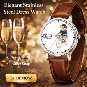 May include: Stainless steel dress watch with a brown leather strap. The watch face features a bear riding a bicycle, with the "POLO RALPH LAUREN" logo. The watch has a classic design.