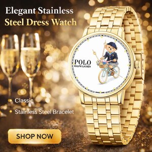 May include: A gold-toned stainless steel dress watch with a white face featuring a bear riding a bicycle. The watch has a gold stainless steel bracelet and the text "POLO RALPH LAUREN". The image also includes text that says "Elegant Stainless Steel Dress Watch".