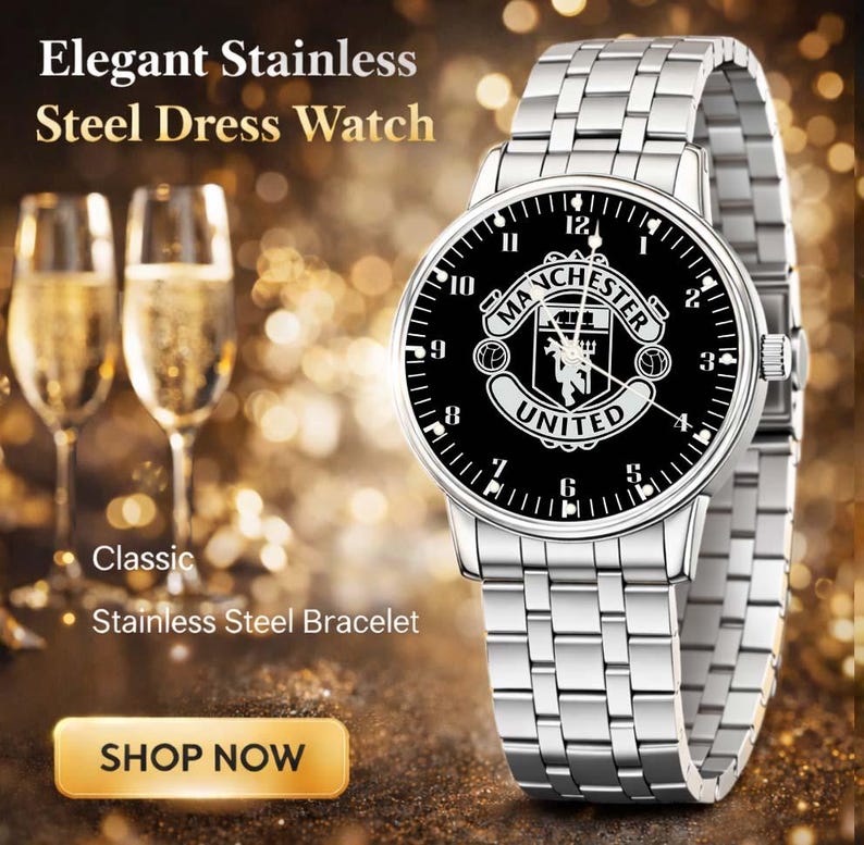 May include: A stainless steel dress watch with a black face featuring the Manchester United logo. The watch has a silver-colored stainless steel bracelet and a classic design. The image also includes text that says "Elegant Stainless Steel Dress Watch" and "Stainless Steel Bracelet".