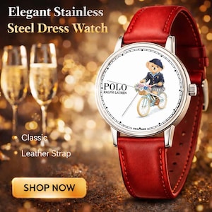 May include: Elegant stainless steel dress watch with a red leather strap. The watch face features a Polo Ralph Lauren design with a bear riding a bicycle. The watch has a classic design.