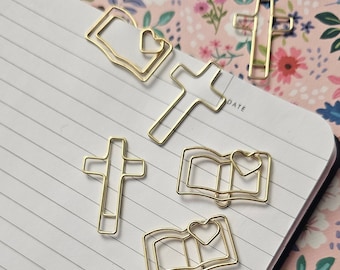 Gouden kruis en bijbelstudieboekvormige paperclipset