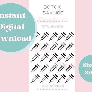 Può includere: Un foglio di download digitale stampabile con uno sfondo rosa e un cerchio turchese. Il foglio presenta un motivo di icone di siringhe nere e il testo "BOTOX SAVINGS", "TOTAL SAVED $", "EACH SYRINGE $", "Size A6 3x6 in", e "Instant Digital Download".