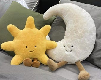Smiling Sun & Moon Plush Pillow Cute Weather Cushion Soft Stuffed Toy for Kids Bedroom Nursery Decor