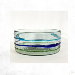 Vintage Pier 1 Banded Glass Bowl – Teal Cobalt Lime Glass Accents – 10” Decorative Bowl – 1990s Modern Decor