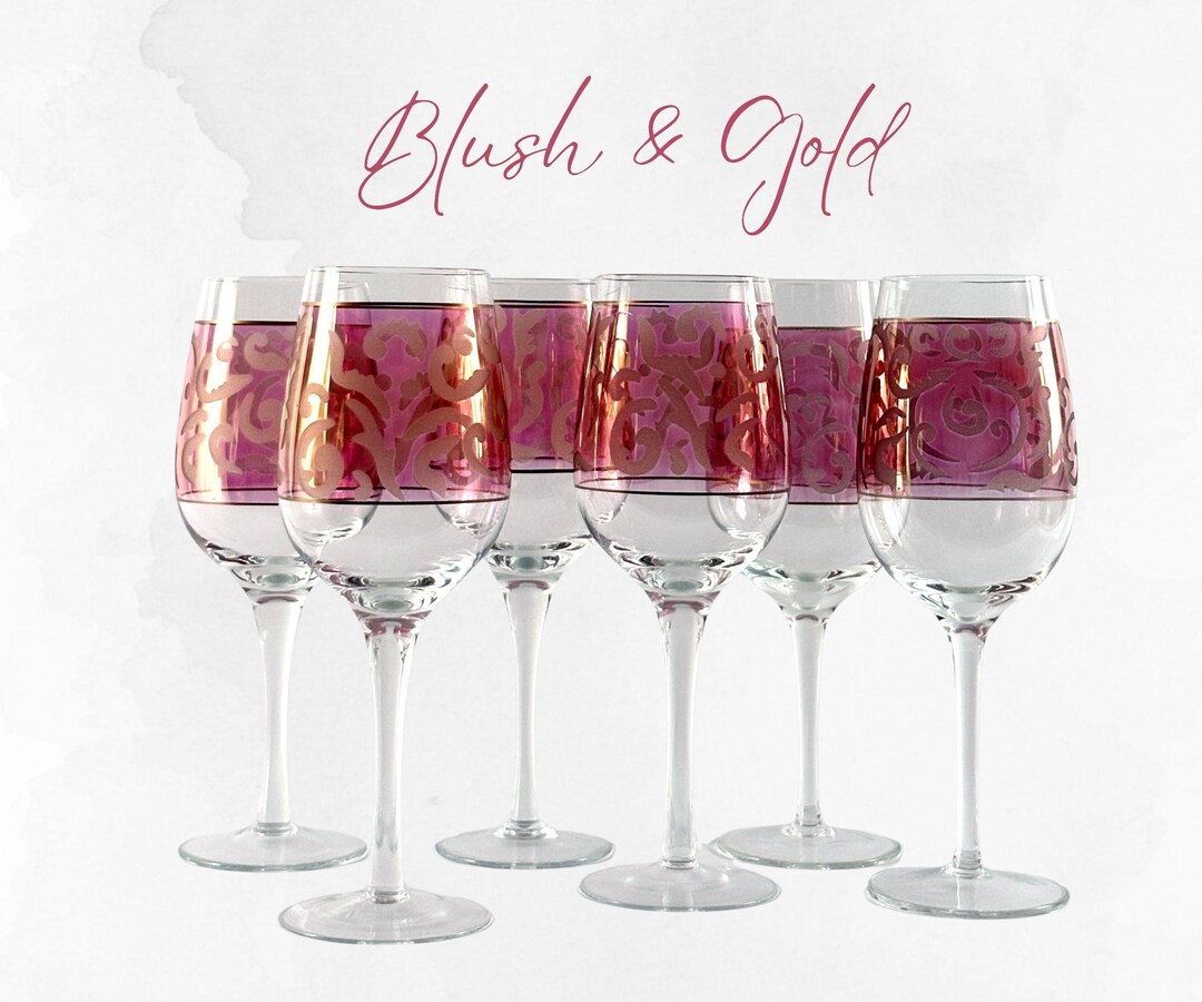 Pink Iridescent Wine Glasses Set of 6 – Gold Etched Stemware – Bridal ...