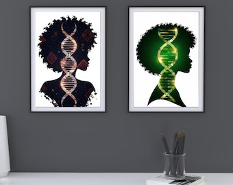 Stampa artistica da parete con DNA di donna africana, stampa artistica con silhouette di donna nera, poster scientifico, download digitale dell'elica astratta del DNA