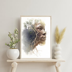 May include: A framed art print featuring a profile of a person's face, integrated with a tree and branches. The artwork has a natural, earthy color palette with shades of brown, green, and white. The print is displayed on a light-colored wooden shelf with decorative vases.