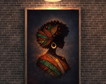 Stampa artistica da parete con donna africana afrocentrica / Arte della regina nera di Ankara / Poster con silhouette di capelli afro / Decorazione per la casa con melanina / Arte digitale stampabile