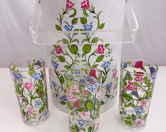 H. J. Stotter vintage akryl 4-delat dryckesset vadderat ishink och tre dricksglas blommigt 1970-tal