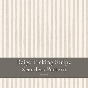 Può includere: Un motivo senza cuciture con strisce verticali beige su sfondo color crema. Un banner orizzontale grigio scuro al centro mostra il testo bianco: Beige Ticking Stripe Seamless Pattern, con il testo più piccolo applebird studio sottostante.