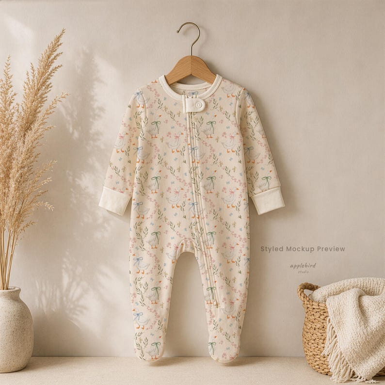 May include: A long-sleeved, footed baby sleeper in a cream color featuring a repeating pattern of white geese with green bows, green leaves, and small pink flowers. The garment includes a front zipper closure with a snap tab at the neckline.