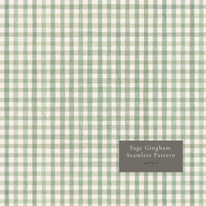 May include: A seamless pattern featuring a sage green and off-white gingham check design. The grid consists of intersecting vertical and horizontal lines. A dark grey rectangular label in the bottom right corner displays the text: Sage Gingham Seamless Pattern applebird.
