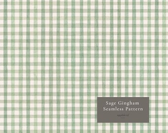 Sage Green Gingham Seamless Pattern, Cottagecore Watercolor Digital Paper