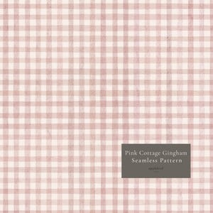 May include: A seamless pattern featuring a light pink and off-white gingham check design with a hand-painted texture. A dark gray rectangular box in the bottom right corner contains the white text: Pink Cottage Gingham Seamless Pattern applebird.
