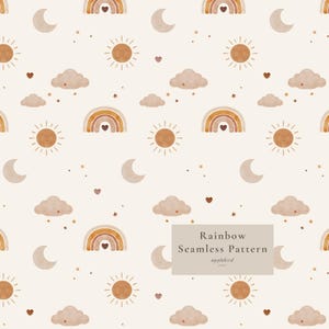 May include: A seamless pattern featuring watercolour illustrations of rainbows with hearts, suns, crescent moons, clouds, and small stars in shades of brown and beige on a light background. A rectangular overlay displays the text Rainbow Seamless Pattern applebird studio.
