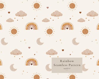 Nahtloses Regenbogenmuster, Boho-Sonne-Mond-Digitalpapier, neutraler Kinderzimmerstoff