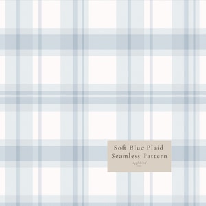 May include: A seamless plaid pattern featuring intersecting horizontal and vertical lines in shades of soft blue and white. A rectangular beige label in the bottom right corner displays the text: Soft Blue Plaid Seamless Pattern applebird studio.