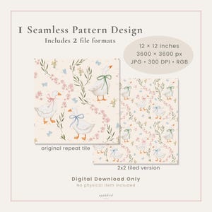 May include: A digital seamless pattern design featuring white geese with colorful bows, pink flowers, and blue butterflies on a cream background. Text includes 1 Seamless Pattern Design, 12 x 12 inches, 3600 x 3600 px, JPG, 300 DPI, RGB, and Digital Download Only.