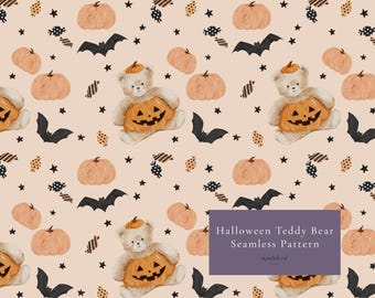 Halloween Teddy Bär Nahtlose Muster, Aquarell Kürbis Digitales Papier