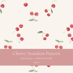 Può includere: Un motivo senza cuciture con ciliegie rosse disegnate a mano con foglie verdi su sfondo color crema. Un banner orizzontale rosa al centro mostra il testo bianco: Cherry Seamless Pattern, Hand Drawn _ 300DPI JPG & PNG, applebird.