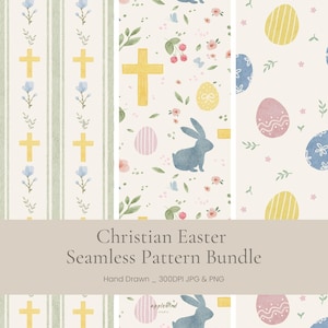 Op de afbeelding: Een naadloze patroonbundel met christelijke paasthema's. De patronen bevatten kruisen, paaseieren, konijntjes en bloemelementen in pastelkleuren. De tekst "Christian Easter Seamless Pattern Bundle" wordt weergegeven.