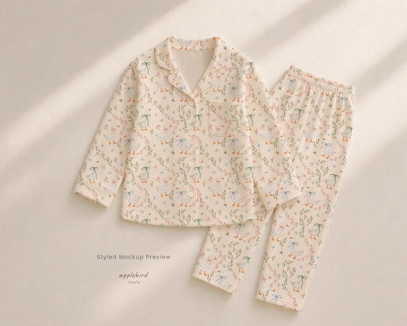 May include: A two-piece pajama set in a cream color featuring a repeating pattern of white geese with blue and green bows, interspersed with small pink flowers and green foliage. The long-sleeve button-down shirt has a collar and a chest pocket.