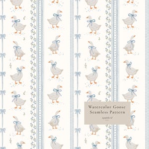 May include: A seamless pattern featuring white geese with orange beaks and blue bows around their necks, arranged in vertical columns separated by blue ribbon and floral stripes. Text reads: Watercolor Goose Seamless Pattern applebird studio.