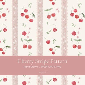 Puede incluir: Un patrón digital con rayas verticales de encaje rosa con pequeñas flores blancas, alternando con un fondo crema decorado con cerezas rojas y hojas verdes dibujadas a mano. El texto dice Cherry Stripe Pattern Hand Drawn 300DPI JPG & PNG applebird studio.