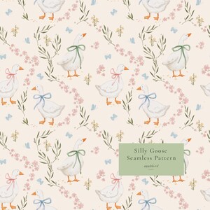 May include: A seamless pattern on a cream background featuring white geese with orange beaks and feet, wearing pink, blue, or green bows around their necks, interspersed with small pink flowers, green sprigs, and blue butterflies. Text reads Silly Goose Seamless Pattern applebird studio.