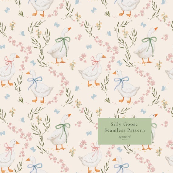 Silly Goose Watercolor Seamless Pattern, Nursery Fabric Print (Digital Download)