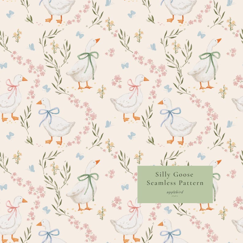 May include: A seamless pattern on a cream background featuring white geese with orange beaks and feet, wearing pink, blue, or green bows around their necks, interspersed with small pink flowers, green sprigs, and blue butterflies. Text reads Silly Goose Seamless Pattern applebird studio.