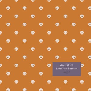 May include: A seamless pattern featuring small, off-white skulls evenly spaced across a solid burnt orange background. A rectangular purple label in the bottom right corner displays the text: Mini Skull Seamless Pattern applebird studio.