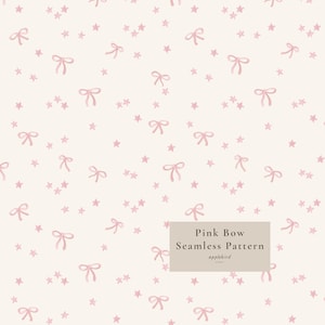 May include: A seamless pattern featuring small pink bows and stars scattered across a light cream background. A rectangular label in the lower right corner displays the text Pink Bow Seamless Pattern and the word applebird studio below it.
