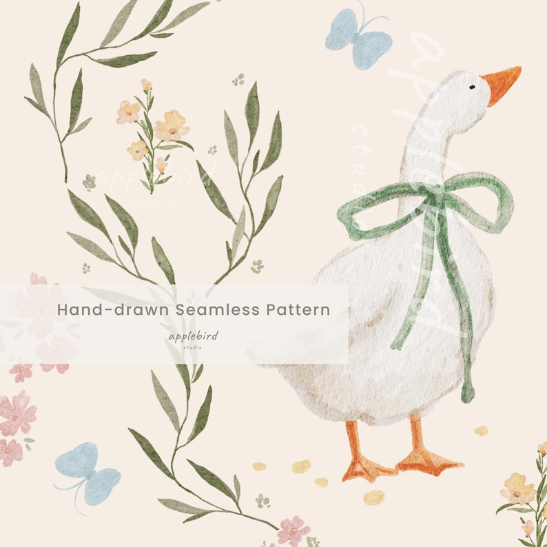May include: A hand-drawn seamless pattern featuring a white goose with an orange beak wearing a green ribbon bow. The design includes light blue butterflies, green leafy branches, and small pink and yellow flowers on a cream background.