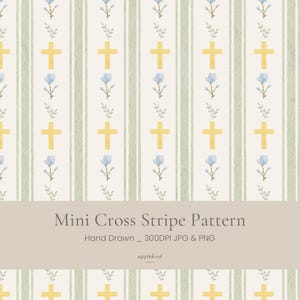 Op de afbeelding: Een herhalend patroon met verticale saliegroene strepen op een crèmekleurige achtergrond, afgewisseld met kleine gele kruisjes en lichtblauwe bloemtakjes. De tekst luidt Mini Cross Stripe Pattern, Hand Drawn _ 300DPI JPG & PNG, applebird.