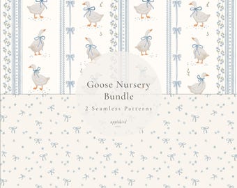 Watercolor Goose Nursery Seamless Pattern Bundle, Blue Bow Digital Paper
