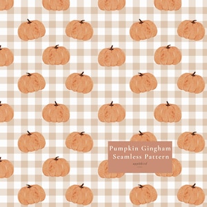 May include: A seamless pattern featuring repeating orange pumpkins on a beige and white gingham background. A rectangular overlay in the lower right corner displays the text: Pumpkin Gingham Seamless Pattern applebird studio.