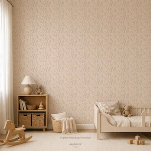 May include: Wallpaper featuring a repeating pattern of small, muted-colored birds and floral sprigs on a light peach background. The design covers the wall behind a wooden bookshelf, a rocking horse, and a toddler bed with a checkered pillow.