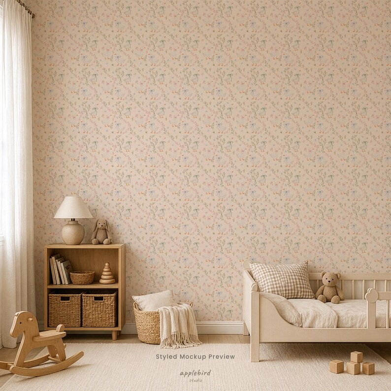 May include: Wallpaper featuring a repeating pattern of small, muted-colored birds and floral sprigs on a light peach background. The design covers the wall behind a wooden bookshelf, a rocking horse, and a toddler bed with a checkered pillow.