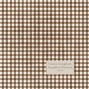 May include: A seamless pattern featuring a brown and white gingham check design with a soft, hand-painted texture. A rectangular label in the bottom right corner displays the text Cocoa Gingham Seamless Pattern and the word applebird below it.