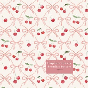Op de afbeelding: Een naadloos patroon met aquarel rode kersen met groene blaadjes en lichtroze linten gestrikt tot strikjes op een crèmekleurige achtergrond. Een roze rechthoekige overlay toont de tekst: Coquette Cherry Seamless Pattern applebird studio.