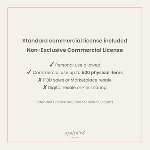 May include: A square graphic with dark gray text on a light background outlining a non-exclusive commercial license. It lists personal use, commercial use up to 500 physical items, and prohibitions on POD sales, marketplace resale, and file sharing.