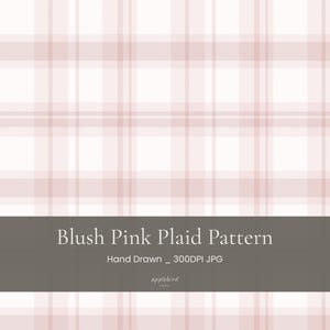 May include: A digital graphic featuring a blush pink plaid pattern with intersecting horizontal and vertical lines. A dark gray rectangular overlay at the bottom contains the white text: Blush Pink Plaid Pattern, Hand Drawn _ 300DPI JPG, applebird.