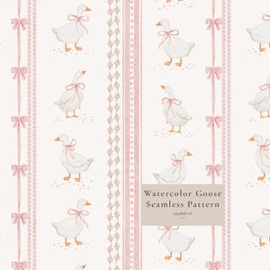 Puede incluir: Un patrón sin costuras que presenta gansos blancos en acuarela con picos naranjas, cada uno con un lazo rosa alrededor del cuello. El diseño incluye rayas verticales de lazos rosas y enredaderas florales sobre un fondo crema. Texto: Watercolor Goose Seamless Pattern applebird studio.
