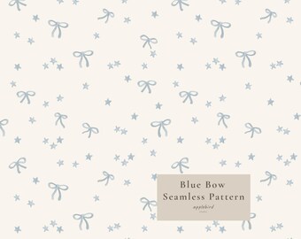 Blue Bow Seamless Pattern, Baby Blue Ribbon & Small Stars Digital Paper