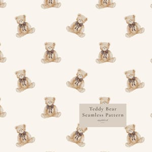Puede incluir: Un patrón continuo con ilustraciones en acuarela de ositos de peluche de color marrón claro con lazos oscuros alrededor del cuello sobre un fondo crema. Un recuadro rectangular muestra el texto Teddy Bear Seamless Pattern applebird.